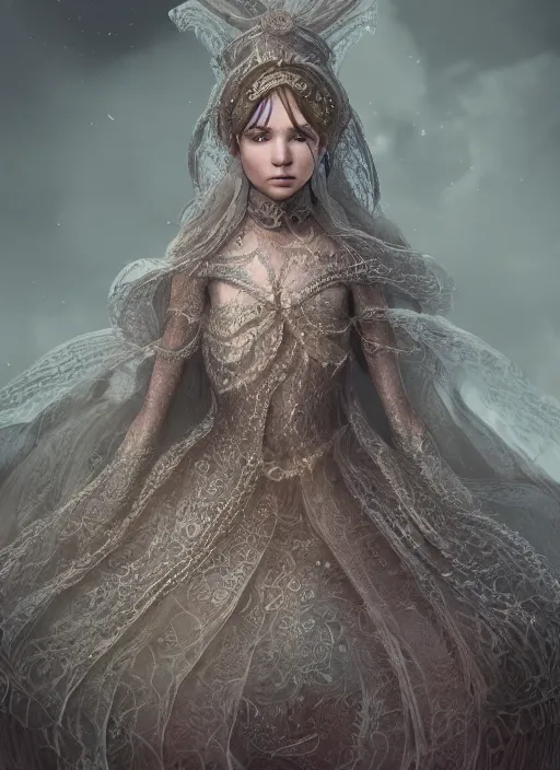 Prompt: detailed full body concept art illustration of a princess in intricately designed clothing, ultra detailed, digital art, octane render, dystopian, micro detail, 4k