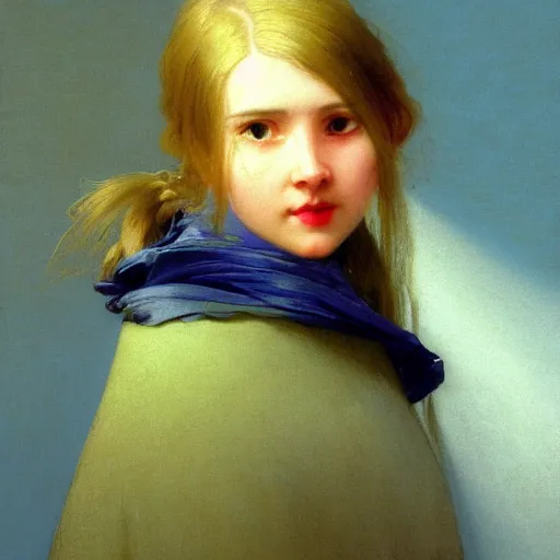 Image similar to a young woman's face, her hair is white and she wears a cobalt blue satin cloak, by ivan aivazovsky and syd mead and moebius and gaston bussiere and roger dean and pieter claesz and paul delaroche and alma tadema and aelbert cuyp and willem claesz, hyperrealistic, volumetric light, octane render