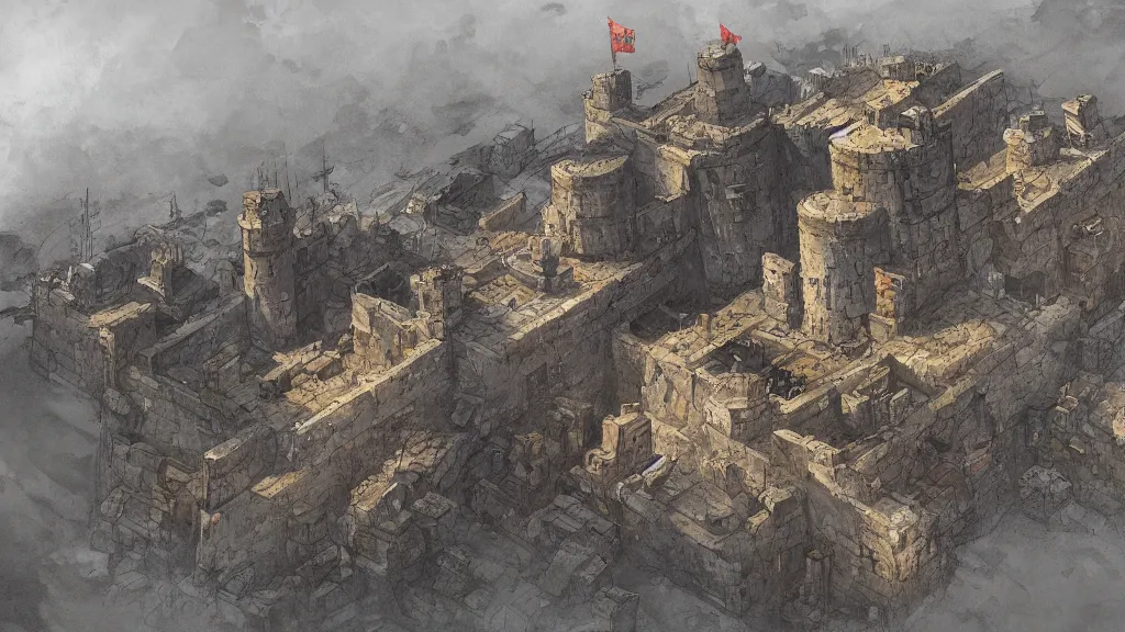 Image similar to top down view of fortification complex around star fort, papyrus, watercolored, jakub rozalski, dark colours, dieselpunk, artstation