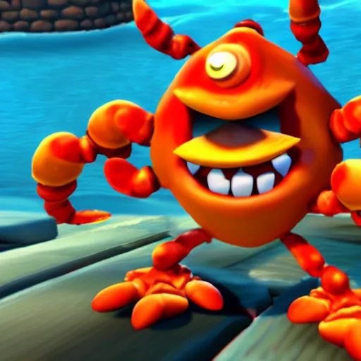 Image similar to screenshot of a cute wacky humanoid crab enemy with a coat in crash bandicoot video game, crash bandicoot 4, playstation 1 era graphics, activision blizzard style, 4 k upscaled graphics