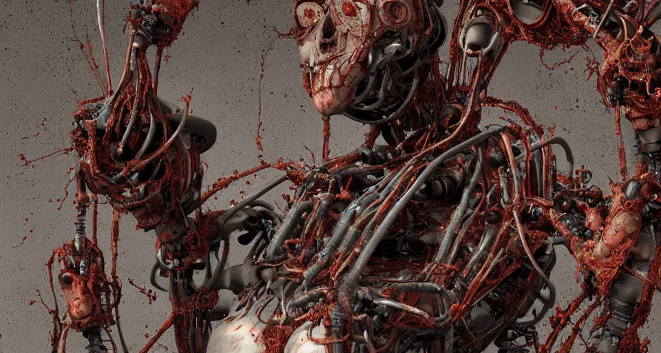 Image similar to Techno-biological rusty robot geisha consisting of tumors, veins, bones, kidneys, wires. Biopunk, body-horror, high detail, photorealism, full length view, very rust, concept art, octane render, 16k, 8k