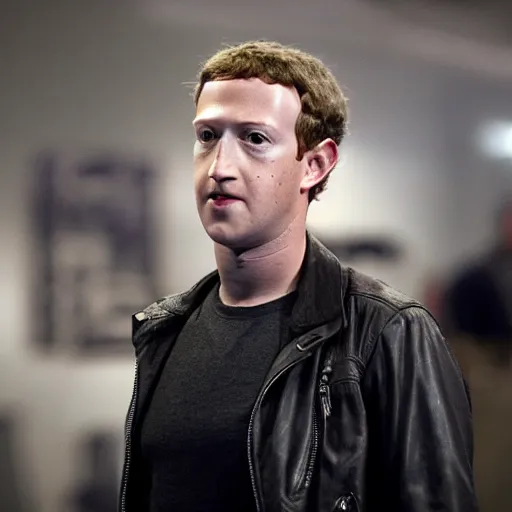 Image similar to Mark Zuckerberg plays Terminator, wearing leather jacket, red eye, VFX film