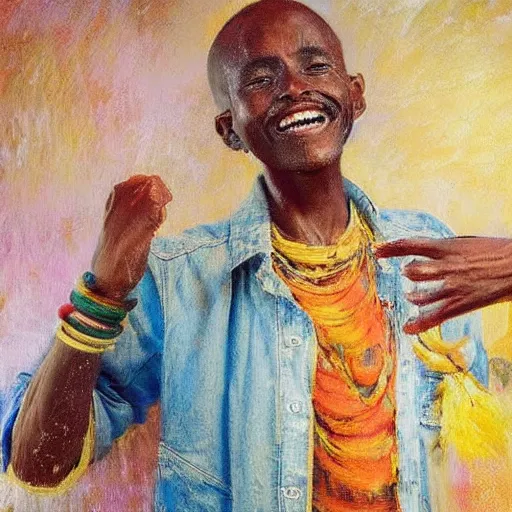 Image similar to east african man dancing inside a large photography studio by himself, intricate details, impressionist painting, figurative painting, happy, dreamy, pastel colors, studio ghibli