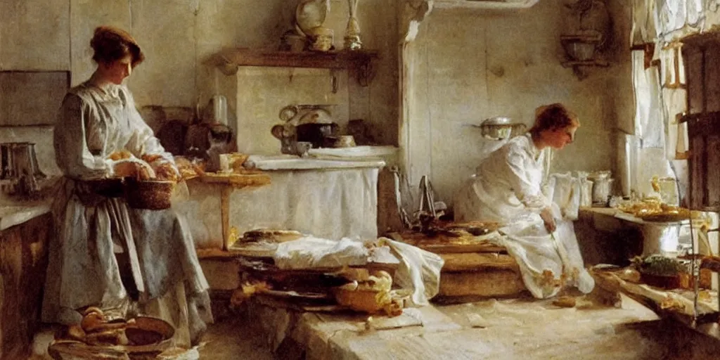 Image similar to a young edwardian woman baking bread in a cozy french kitchen, in the style of anders zorn