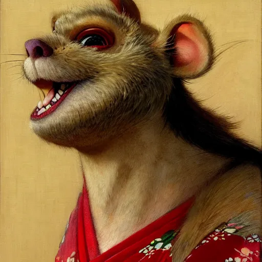 Image similar to a portrait of a splinter hamato yoshi wearing a red kimono, hairy, feet, tail. highly detailed painting by gaston bussiere, craig mullins, j. c. leyendecker, furry