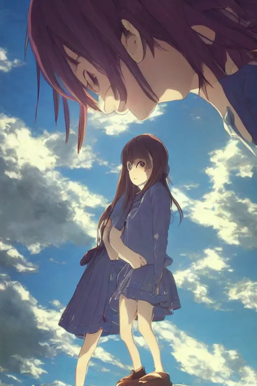 Image similar to Cute girls by Akihiko Yoshida and Makoto Shinkai, with backdrop of god rays