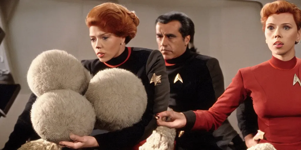 Image similar to Scarlett Johansson and Tribbles in a scene from Star Trek the original series