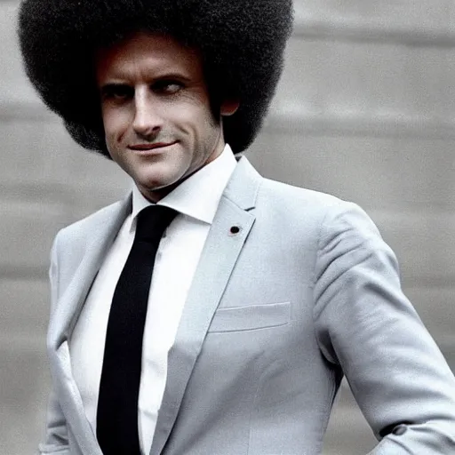 Image similar to macron with afro hair, 70s style fashion