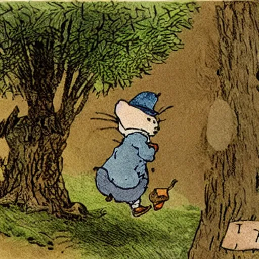 Image similar to A sign nailed to a tree next to the path which reads: The Hopping Trail. This way to adventure! illustration by Beatrix Potter