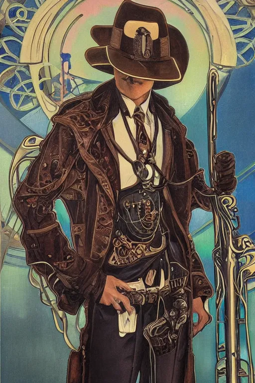 Prompt: a dramatic ethereal epic symmetrical painting of a handsome villainous cowboy standing in front of railroad tracks with a !!train locomotive!! | his jacket is unbuttoned with nothing underneath and he has a pocketwatch | tarot card, art deco, art nouveau, (steampunk), homoerotic, realistic | by Mark Maggiori and ((Alphonse Mucha)) | trending on artstation