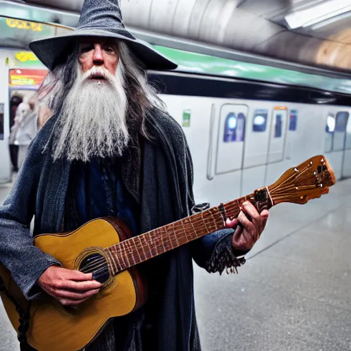 Image similar to a photograph of a washed up gandalf busking on a subway platform