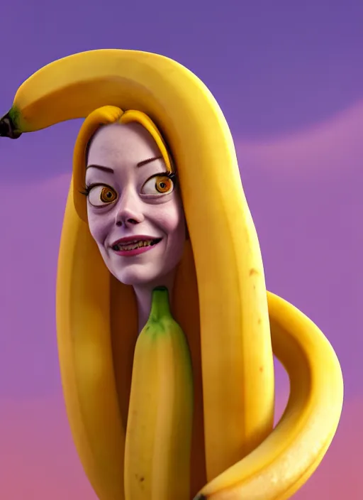 Image similar to anthropomorphic portrait of emma stone as a banana, au naturel, hyper detailed, digital art, trending in artstation, cinematic lighting, studio quality, smooth render, unreal engine 5 rendered, octane rendered, art style by klimt and nixeu and ian sprigger and wlop and krenz cushart and pixar and riot and adventuretime