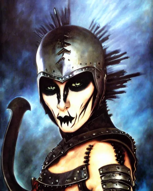 Prompt: portrait of a skinny punk goth warrior wearing armor by simon bisley, john blance, frank frazetta, fantasy, barbarian, hardcore
