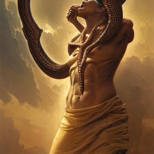 Image similar to A Serpent God, artstation, concept art, smooth, sharp focus, illustration, art by greg rutkowski and orientalism and bouguereau and Zdzislaw Beksinski, good clear quality, lighting, biology, symmetrical artwork, perfect face, 135 mm, cinematic, hyper realism, high detail, octane render, 8k, chrome accents