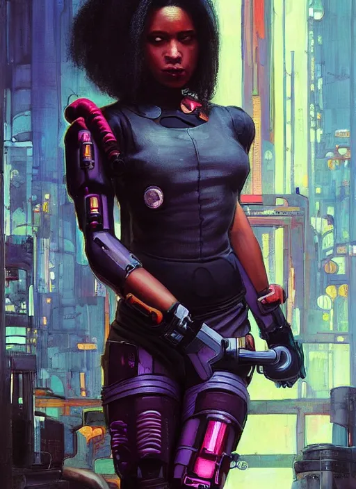 Prompt: Sophie Igwe. Strong Beautiful Cyberpunk mechanic with robotic legs. (Cyberpunk 2077, bladerunner 2049). Gorgeous face. Iranian orientalist portrait by john william waterhouse and Edwin Longsden Long and Theodore Ralli and Nasreddine Dinet, oil on canvas. Cinematic, vivid colors, hyper realism, realistic proportions, dramatic lighting, high detail 4k