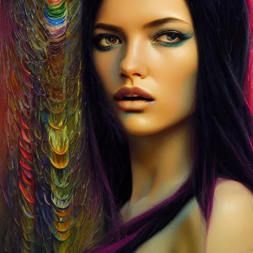 Prompt: a beautiful detailed colorful illustration of an attractive female with long black hair covering part of her face, centered, glamour portrait, by karol bak and beeple, trending on artstation and 5 0 0 px and behance, extreme detailing, realistic, f 8, 4 k hd wallpaper