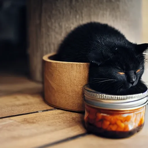 Prompt: a cute black catsleeping inside of a jar