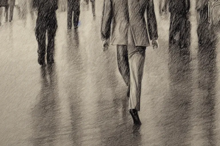 Prompt: a drawn man standing in the rain.