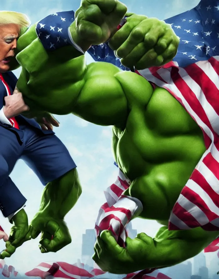 Image similar to Donald Trump punches hulk, hyper realism, high detail, octane render, 8k, depth of field