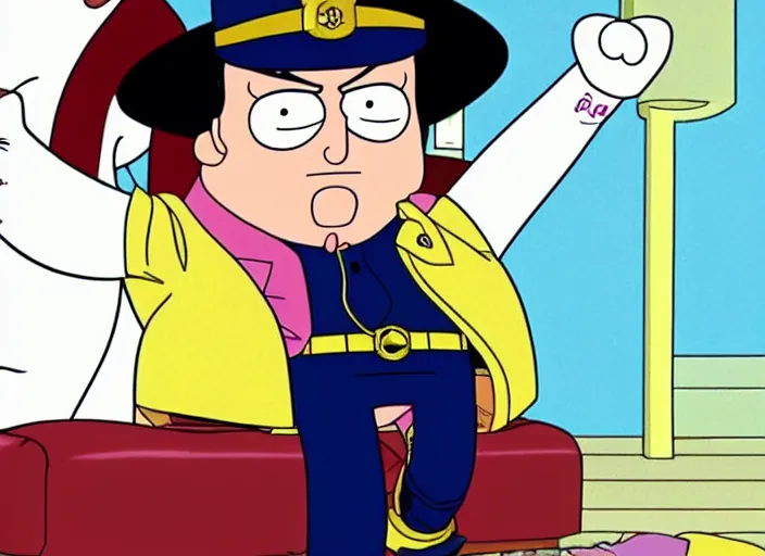 Image similar to jotaro kujo in family guy ( 1 9 9 9 ), cartoon still, clean colors, clean lineart