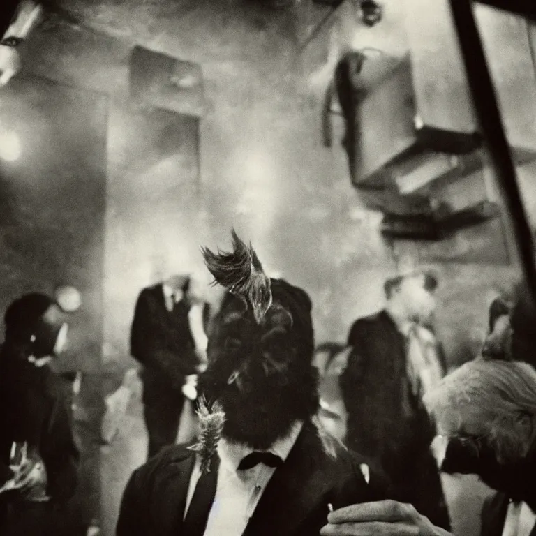 Prompt: Sepiatone medium shot shallow depth of field hyperrealistic fashion Photograph of a hirsute Werewolf with perfect hair wearing a bespoke Savile Row suit drinking in a dark dive bar by Lisette Model by Diane Arbus by Herb Ritts in 1965, grainy shocking detail hyperrealistic trending on artstation