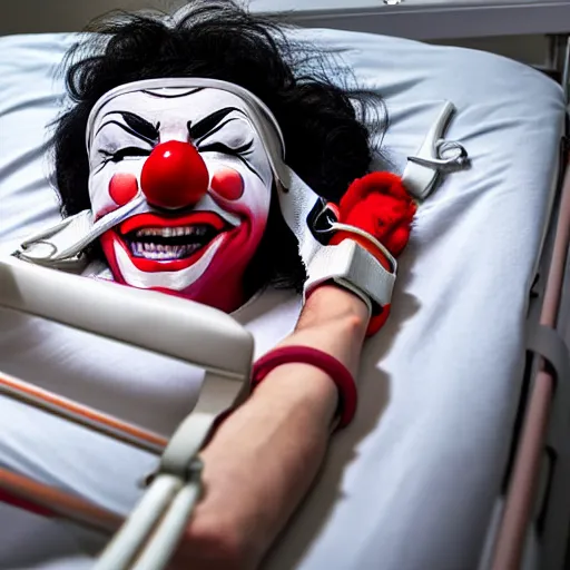 Image similar to laughing clown lying in hospital bed with wrist restraints on, restraint fabric straps attached to hospital bed, photograph, 8 k