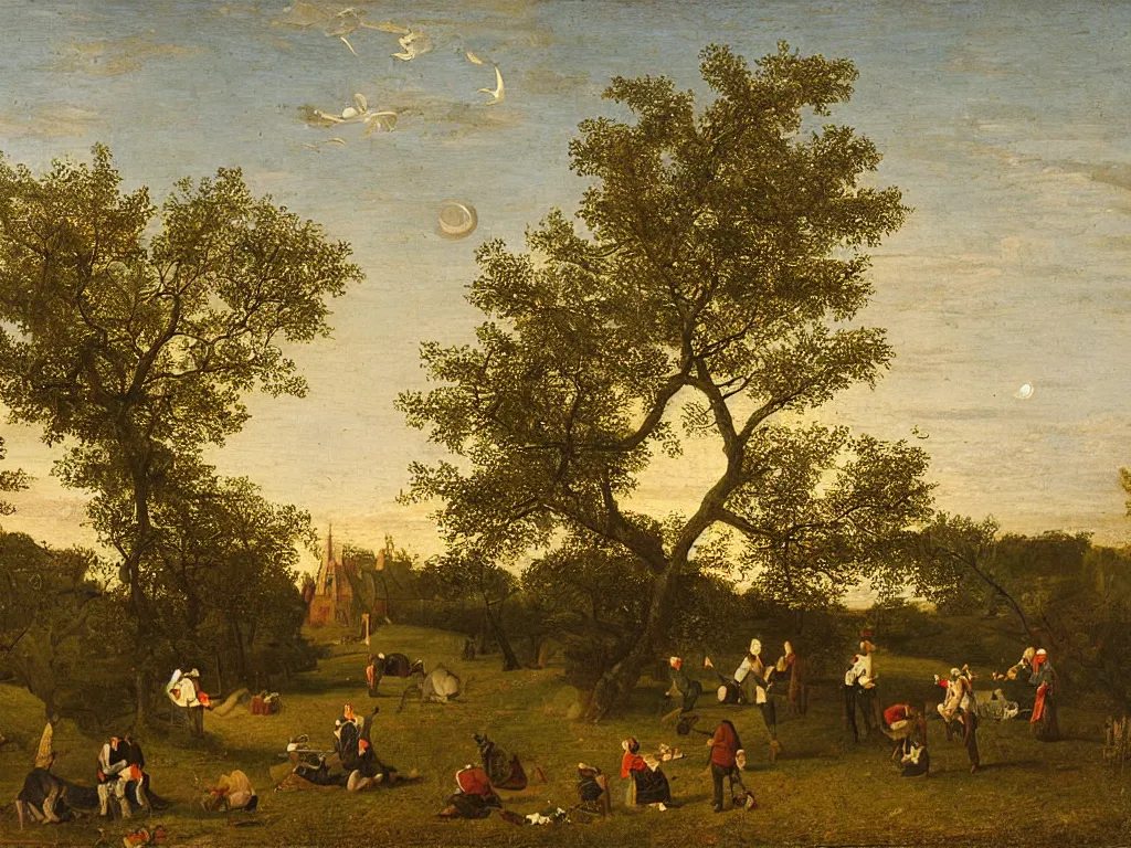 Image similar to Night with comet in the orchard. Painting by William de Nuncques