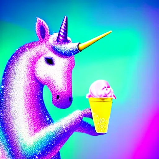 Image similar to an ultra high definition pastel coloured wildlife photograph of a magic unicorn with a glittery magic horn eating an ice cream in a magical field. refraction, volumetric lighting iridescence.