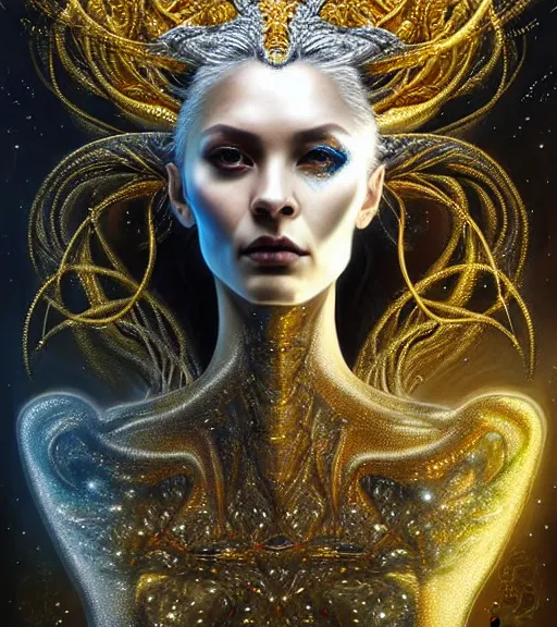 Prompt: silver and golden particle elements, single face portrait. complex hyper-maximalist overdetailed beautiful but terrifying, cinematic cosmic scifi portrait of an elegant very attractive but wild and dangerous witch antropomorphic female warrior god by andrei riabovitchev, tomasz alen kopera, oleksandra shchaslyva alex grey and bekinski. Fantastic realism. Extremely ornated with laced bone, branches with big thornes and green poisonous steam. Volumetric soft green and red lights. Omnious intricate. Secessionist style ornated portrait illustration. Poison goddes. Slightly influenced by giger. Zerg human hybrid goddes. Unreal engine 5. Focus on face. Artstation. Deviantart. 8k 4k 64megapixel. Cosmic horror style. Rendered by binx.ly. coherent, hyperrealistic, lifelike textures and only one face on the image.