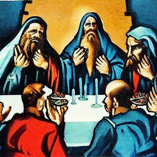 Prompt: a World War II Russian Soviet propaganda poster of The Last Supper