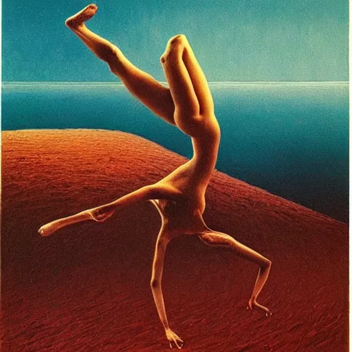 Prompt: an amazing masterpiece of art by Zdzisław Beksiński, 🥻 🤸‍♂️