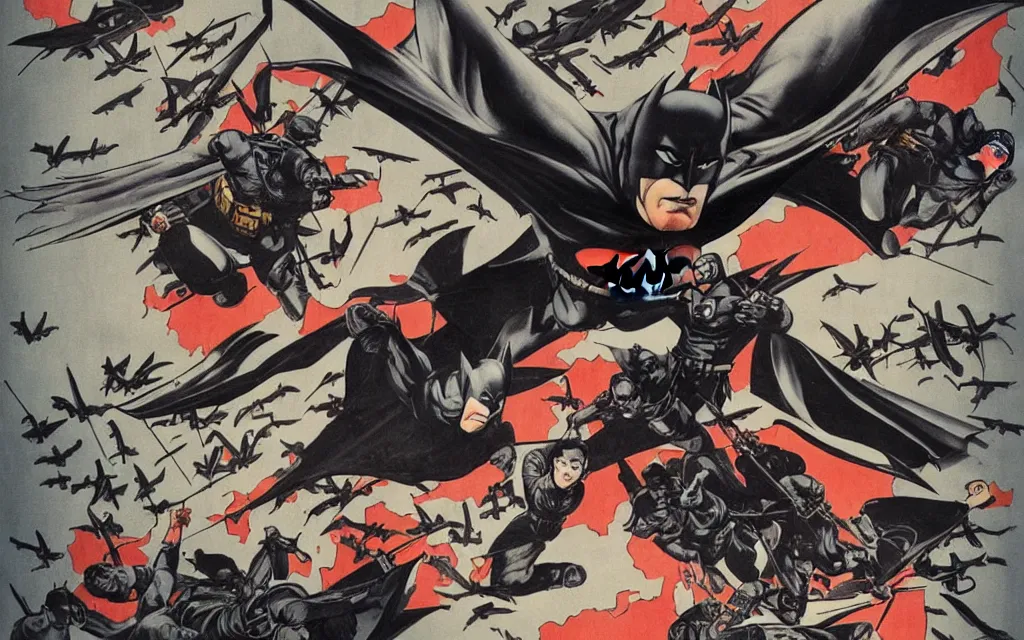 Image similar to batman airplane, in the style of chinese propaganda posters, cold war, propaganda poster, sci - fi illustrations, highly detailed, award - winning, patriotic, chinese, dark, gritty, ink
