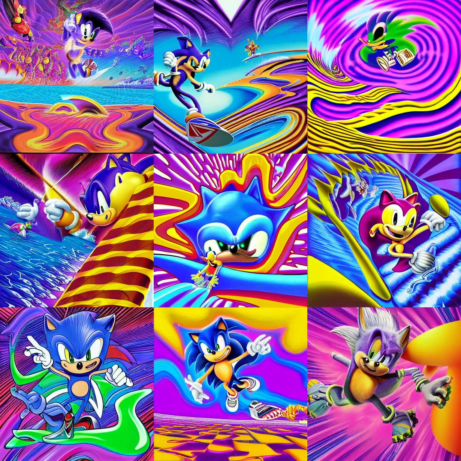 Prompt: surreal, sharp, detailed professional, high quality airbrush art mgmt album cover of a liquid dissolving lsd dmt sonic the hedgehog surfing through cyberspace, purple checkerboard background, 1 9 9 0 s 1 9 9 2 sega genesis video game album cover