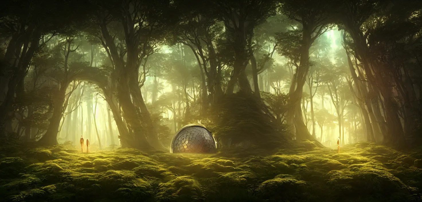 Prompt: random mystic forest huge house landscape, big round glowing magic portal house, central symmetrical composition, incredible, vector art, octane render, fabulous, hyper detailed, random cinematic view, no noise, global illumination, warm lighting, volumetric, godrays, vivid, beautiful, by jordan grimmer