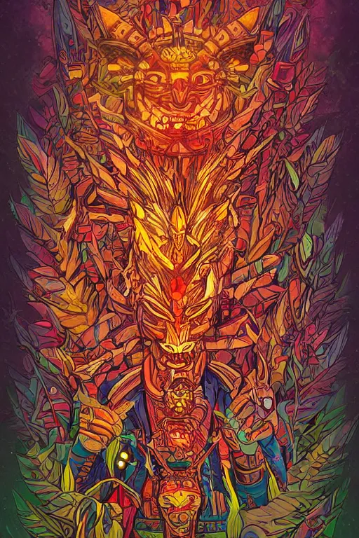 Image similar to totem animal tribal chaman vodoo mask feather gemstone plant wood rock video game illustration vivid color borderlands by josan gonzales and dan mumford radiating a glowing aura