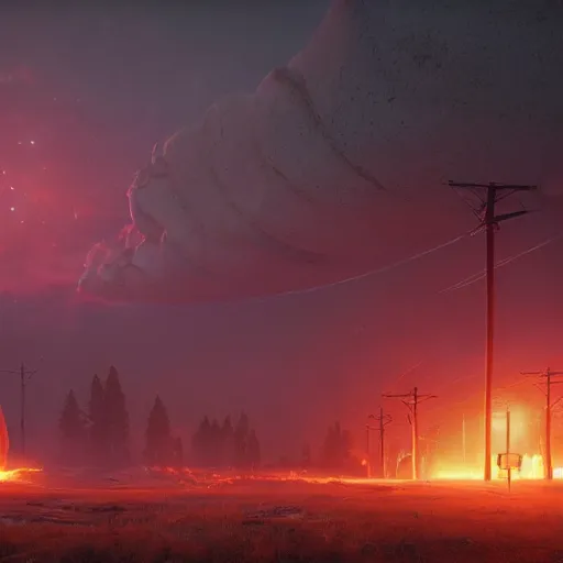 Image similar to a 4k image of the end of the world made by Simon Stålenhag, volumetric lighting, 4k, realistic, octane render, unreal engine,