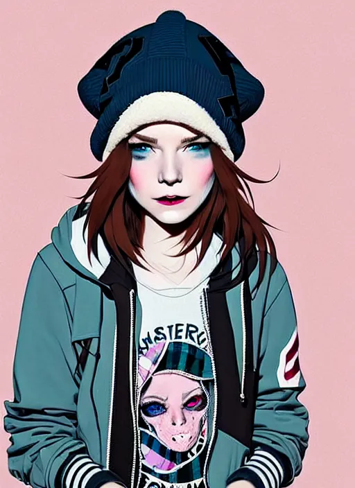 Image similar to highly detailed portrait of an american sewer punk lady student, blue eyes, tartan hoody, hat, white hair by ( ( atey ghailan ) ), by greg tocchini, by kaethe butcher, by james gilleard, gradient pink, black, brown, cream and light blue color scheme, grunge aesthetic!!! ( ( graffiti tag wall ) )