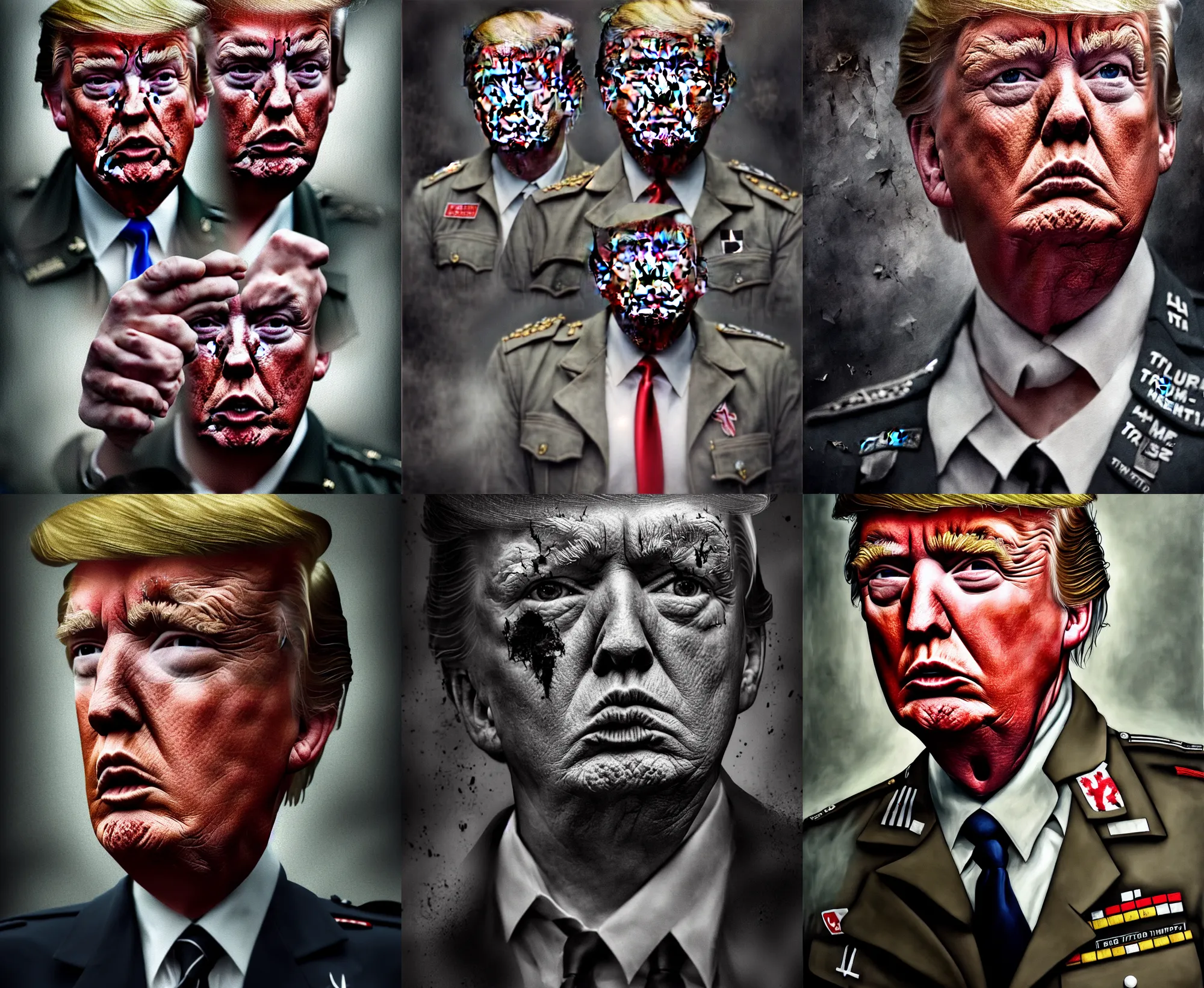 Prompt: cinematic portrait : (subject= 'Donald Trump ' + subject detail= wearing tattered Schutzstaffel uniform) desaturated, in the style of Thomas Ehretsmann, oil on canvas, gouache painting, masterpiece, cinematic composition, dramatic pose, volumetric lighting, sharp, details, hyper-detailed, HD, 4K, 8K