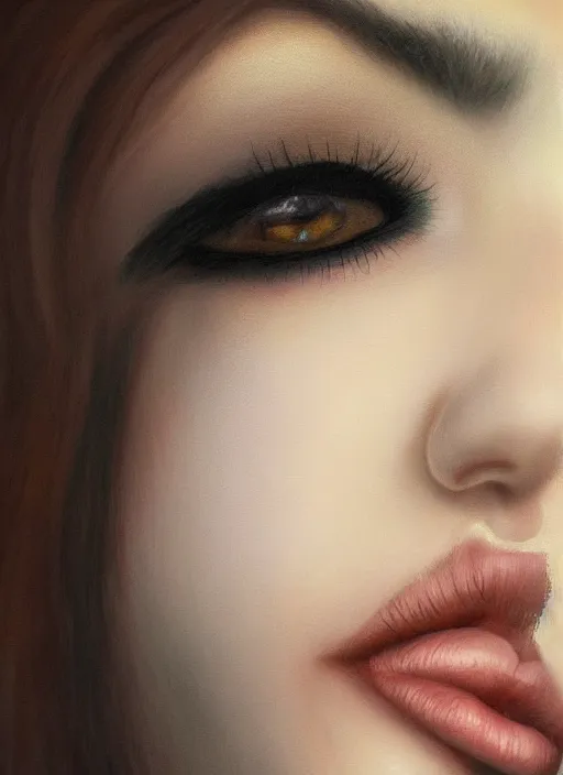 Image similar to hyper realistic, portrait, close - up, make up, dark witch, painting by ansell, mary jane, smooth, sharp focus