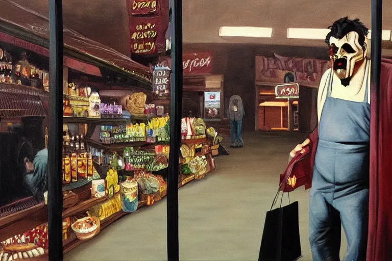 Image similar to black velvet painting of leatherface shopping at a grocery store