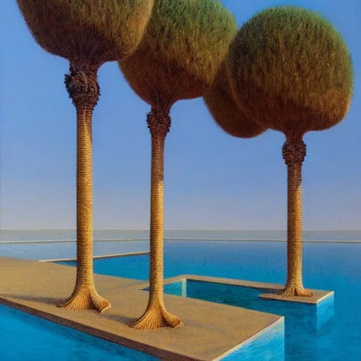 Image similar to David Ligare masterpiece, hyperrealistic surrealism, award winning masterpiece with incredible details, epic stunning, infinity pool, a surreal vaporwave liminal space, highly detailed, trending on ArtStation, broken giant marble head statue ruins, calming, meditative, geometric liminal space, palm trees, very vaporwave, very very surreal, sharp details