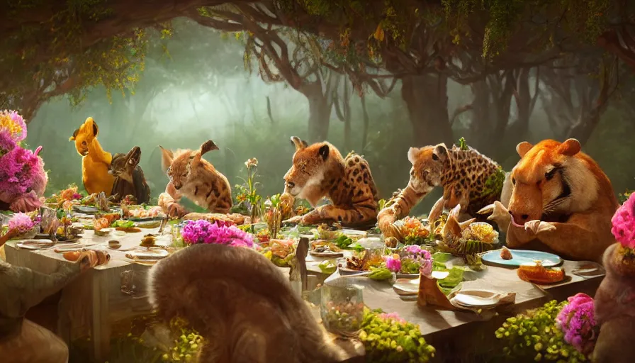 Image similar to a table dinner of exotic animals where animals are dressed like the characters from the midsommar movie wearing flowers, realistic detailed digital art by maxwell boas jessica rossier christian dimitrov anton fadeev trending on artstation cgsociety rendered in unreal engine 4 k hq