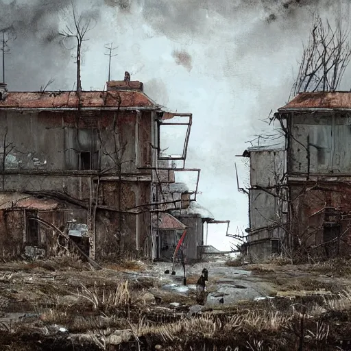 Image similar to painting of a abandoned post soviet town infested with humanoid root monsters by jakub rozalski