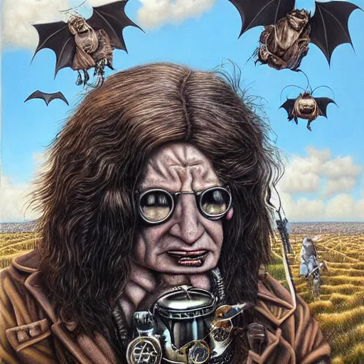 Prompt: a hyperrealistic painting of a steampunk ozzy osbourne, blue skies, bats, by john kenn mortensen, highly detailed,