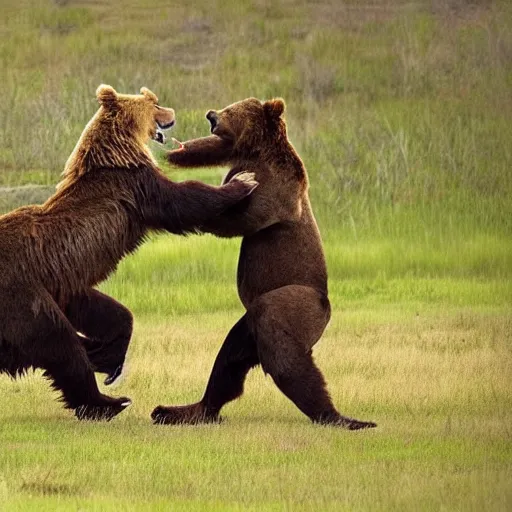Prompt: a brown bear fighting a lion, professional nature photography, 8k, top image of all time on /r/natureismetal subreddit