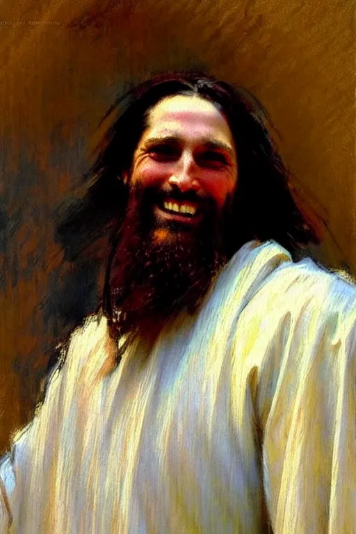 Image similar to impressionist brushstrokes!!!!!!!!! solomon joseph solomon and richard schmid and jeremy lipking victorian loose genre loose painting full length portrait painting of jesus with a slight smile happy inviting