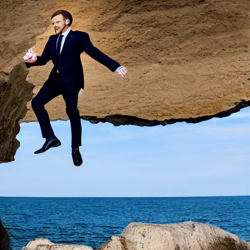 Image similar to Emmanuel Macron jumping of Normandy cliffs, 50mm photography, high quality, 4K