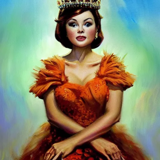 Prompt: An ultra realistic portrait painting of Princess Daisy wearing his orange dress and golden tiara in the style of Frank Frazetta, 4k, Ultrarealistic, Highly Detailed, Dark Fantasy, Epic Lighting