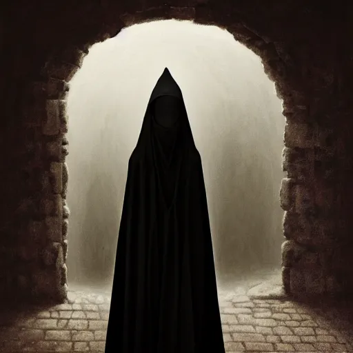 Image similar to a portrait of a young black woman wearing a long dark cloak, hood and shadows covering face, anatomically correct, beautiful perfect face, enigmatic, oil painting, matte painting, black background, Volumetric dynamic lighting, Highly Detailed, Cinematic Lighting, Unreal Engine, 8k, HD, by Beksinski