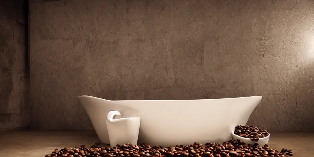 Prompt: Bathtub full of coffee beans, unreal 5, hyperrealistic, realistic, photorealistic, dynamic lighting, highly detailed, cinematic landscape, studio landscape, studio lighting